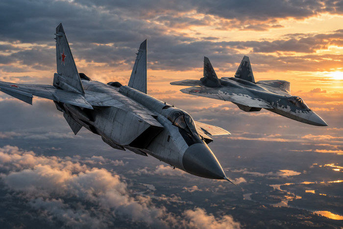 Су-57 и МиГ-31 в полёте над облаками во время сравнения российских боевых самолётов по скорости, вооружению и боевым возможностям