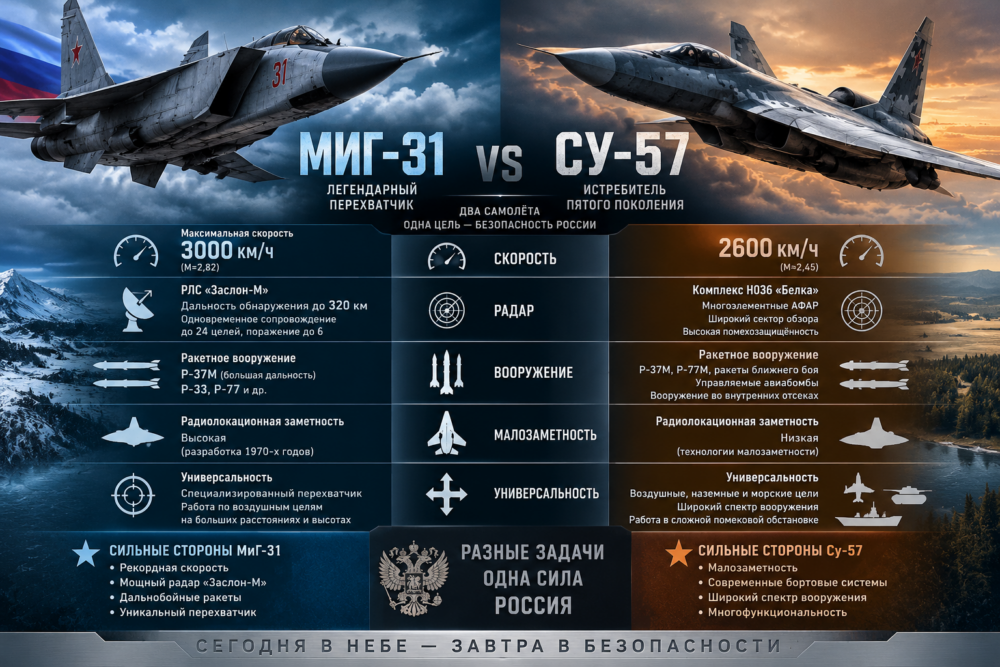 Инфографика сравнения МиГ-31 и Су-57 по скорости, радарам, вооружению, малозаметности и универсальности